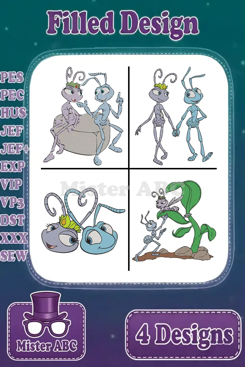 Four charming filled embroidery designs featuring Flik and Atta from A Bug's Life, ready for your next project.
