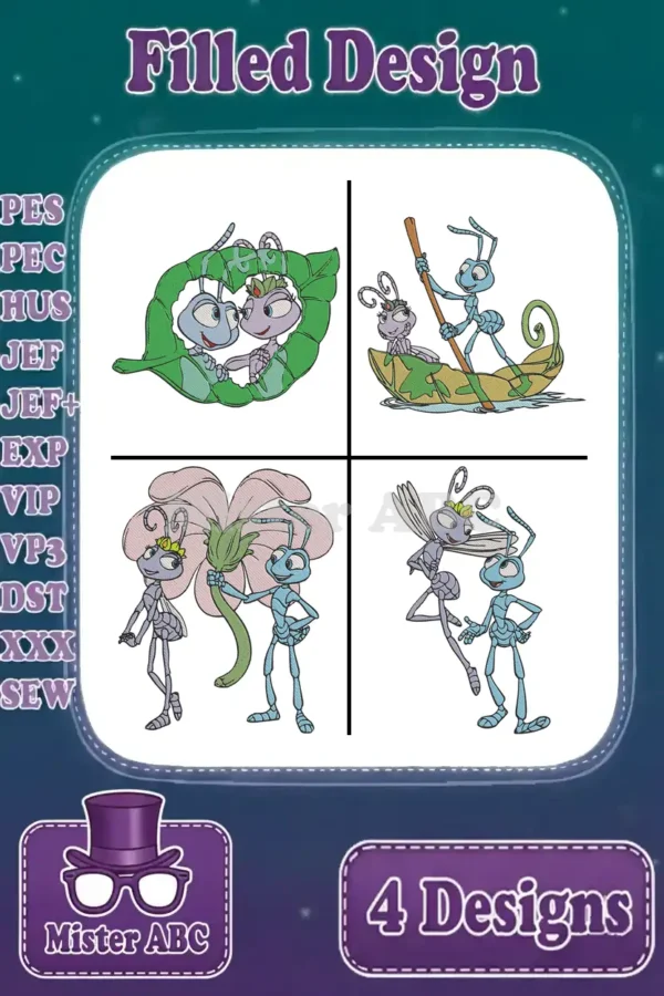 A captivating display of four distinct filled embroidery designs featuring Flik and Atta, perfect for fans of animated insect adventures.