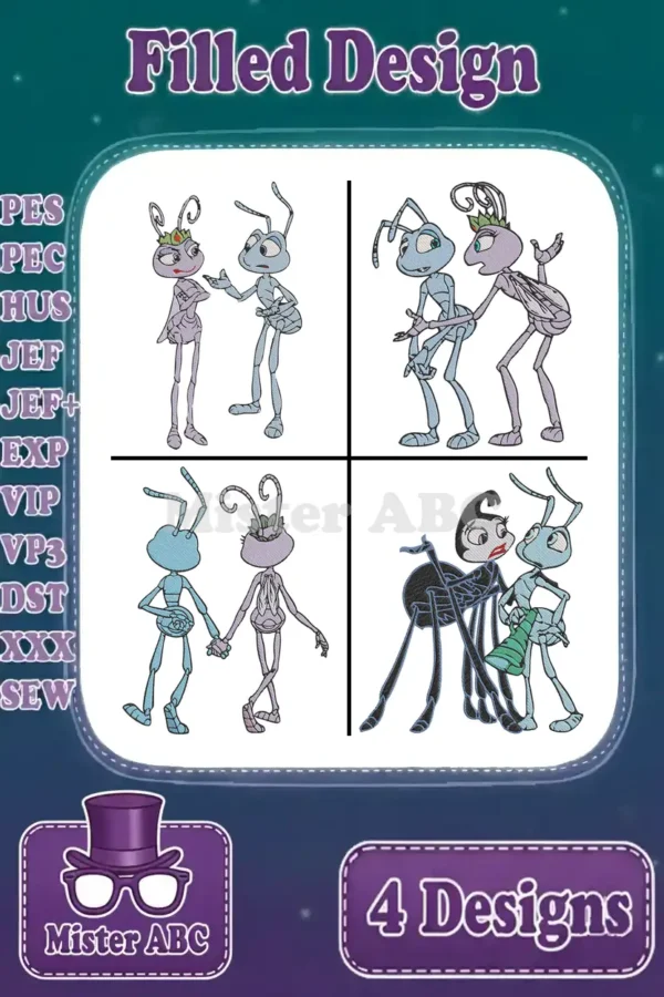 A vibrant display of four filled embroidery designs featuring Flik, Atta, and Dim from A Bug's Life, ready for machine stitching.