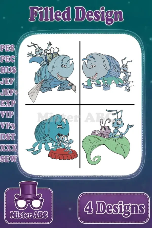 A vibrant collage of four filled embroidery designs featuring characters from A Bug's Life, ready for crafting projects.