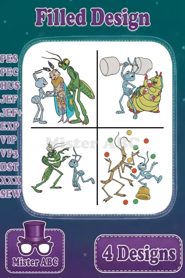 A collage of four vibrant 'A Bug's Life' filled embroidery designs, showcasing Flik, Hopper, Heimlich, and circus bugs.