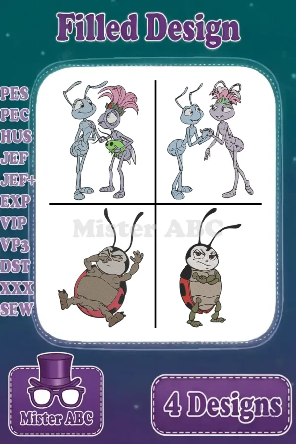 A vibrant filled embroidery bundle showing four designs: Flik and Atta with Heimlich, Flik and Atta, a relaxed Heimlich, and a stern Rosie.