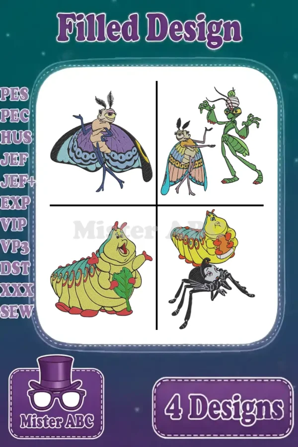 A vibrant bundle of four 'A Bug's Life' filled embroidery designs: Rosie, Francis, Heimlich, Slim & Tuck & Roll.