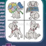 Disney 101 Dalmatians Puppy With Flowers Newspaper Hat Pups Sitting - Filled Embroidery Design - Instant Download