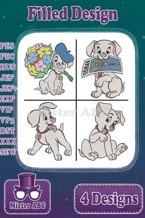 A charming collection of four filled embroidery designs featuring an adorable Dalmatian puppy in various playful poses.
