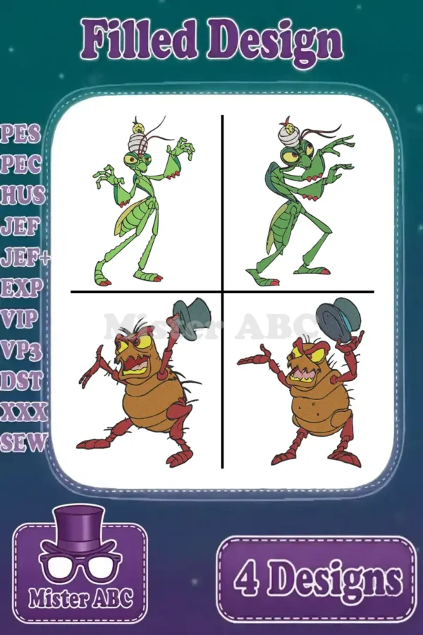 Main product image showing four filled embroidery designs of Manny the Mantis and P.T. Flea from A Bug's Life.
