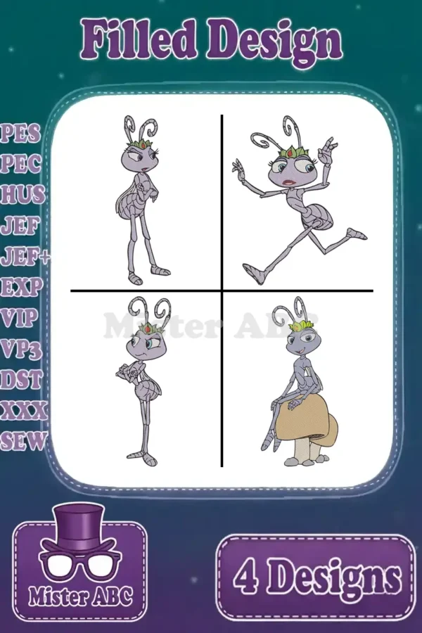 This main product image displays a bundle of four distinct Princess Atta filled embroidery designs from A Bug's Life.
