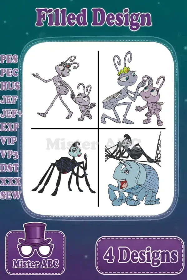 A collage of four vibrant filled embroidery designs featuring animated bug characters: Flik & Dot, Atta & Dot, Rosie, and Heimlich.