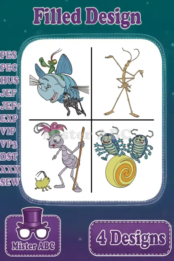 Main image showing four vibrant A Bug's Life character embroidery designs in filled stitch style.