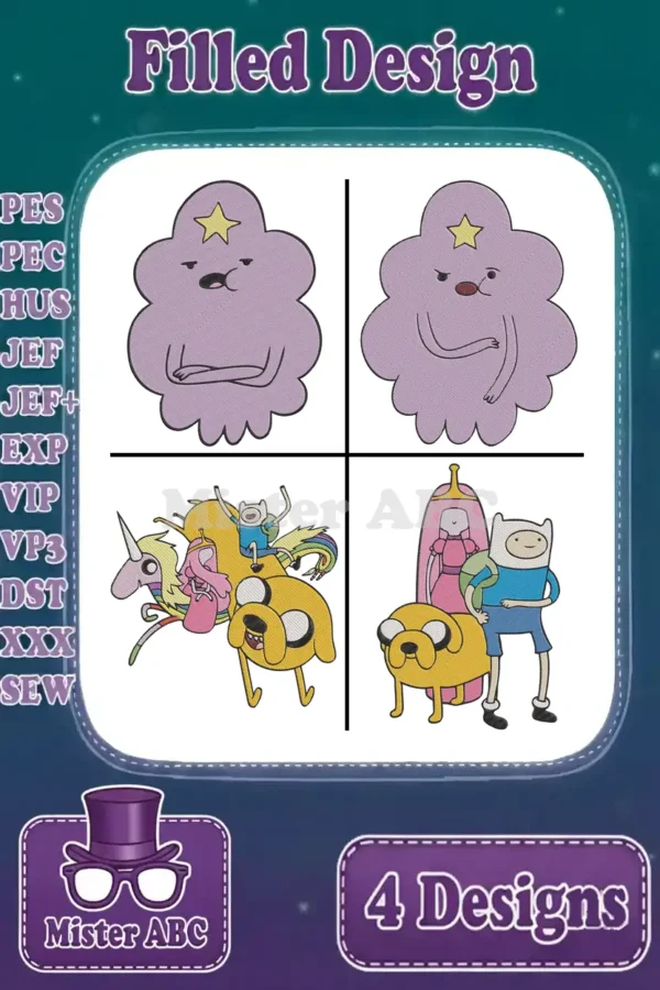 A vibrant collection of four Adventure Time filled embroidery designs, featuring LSP, Finn, Jake, and Princess Bubblegum.