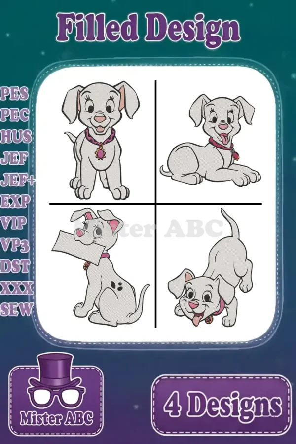 A vibrant collage showcasing four distinct, filled embroidery designs of Patch, the adorable Dalmatian puppy, ready for stitching fun.