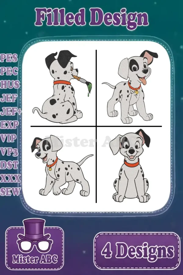 Four vibrant filled embroidery designs of Patch, the playful Dalmatian puppy, ready for multi-format stitching.