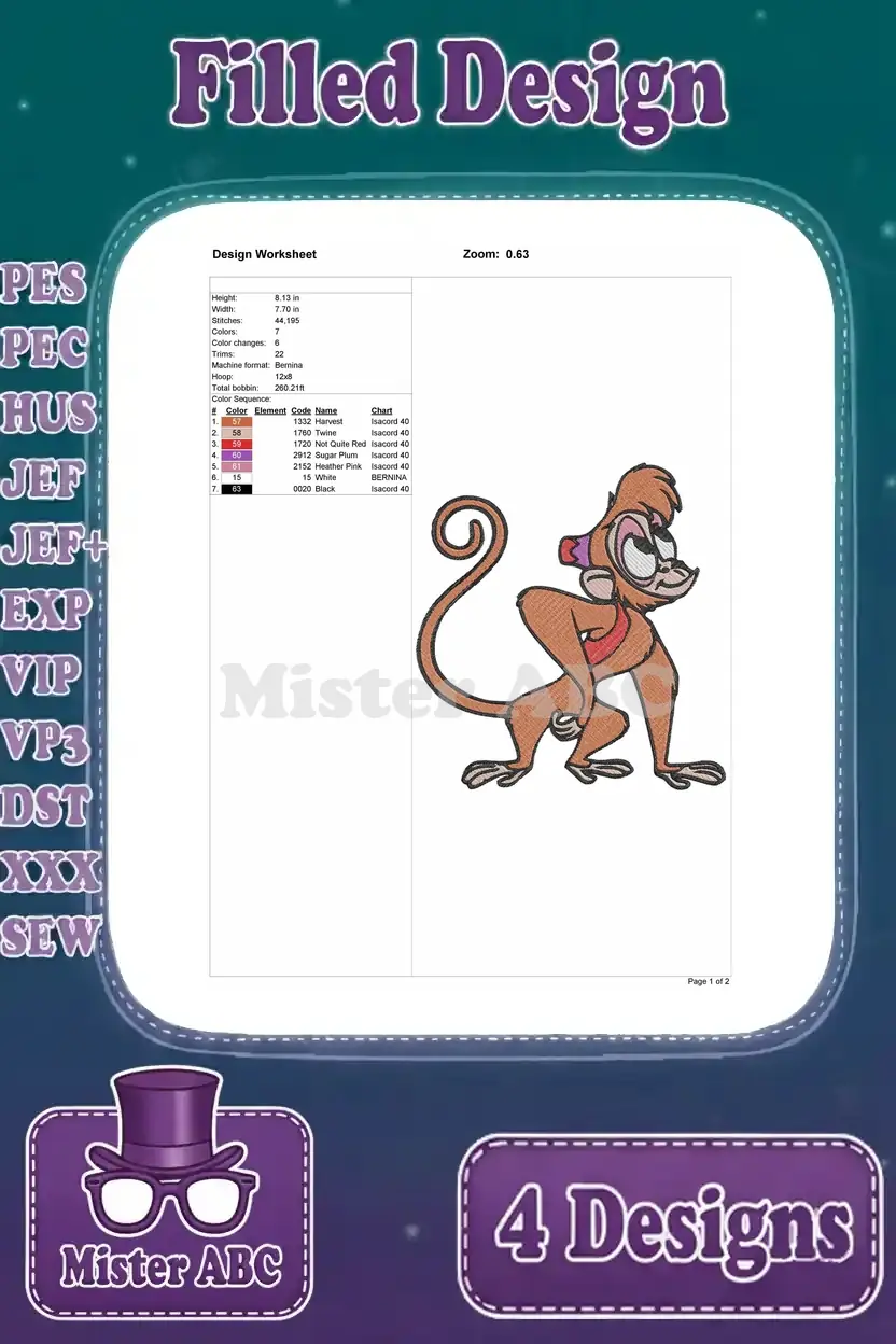 Design worksheet for the first standing Abu embroidery design, detailing dimensions, stitch count, and thread color information.