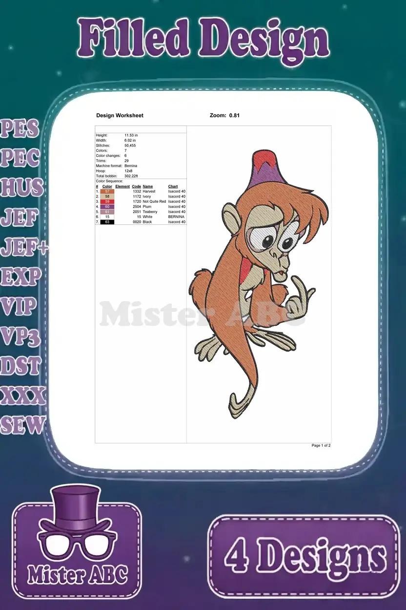 A design worksheet for the third Abu embroidery design, detailing size, stitch count, and color palette.