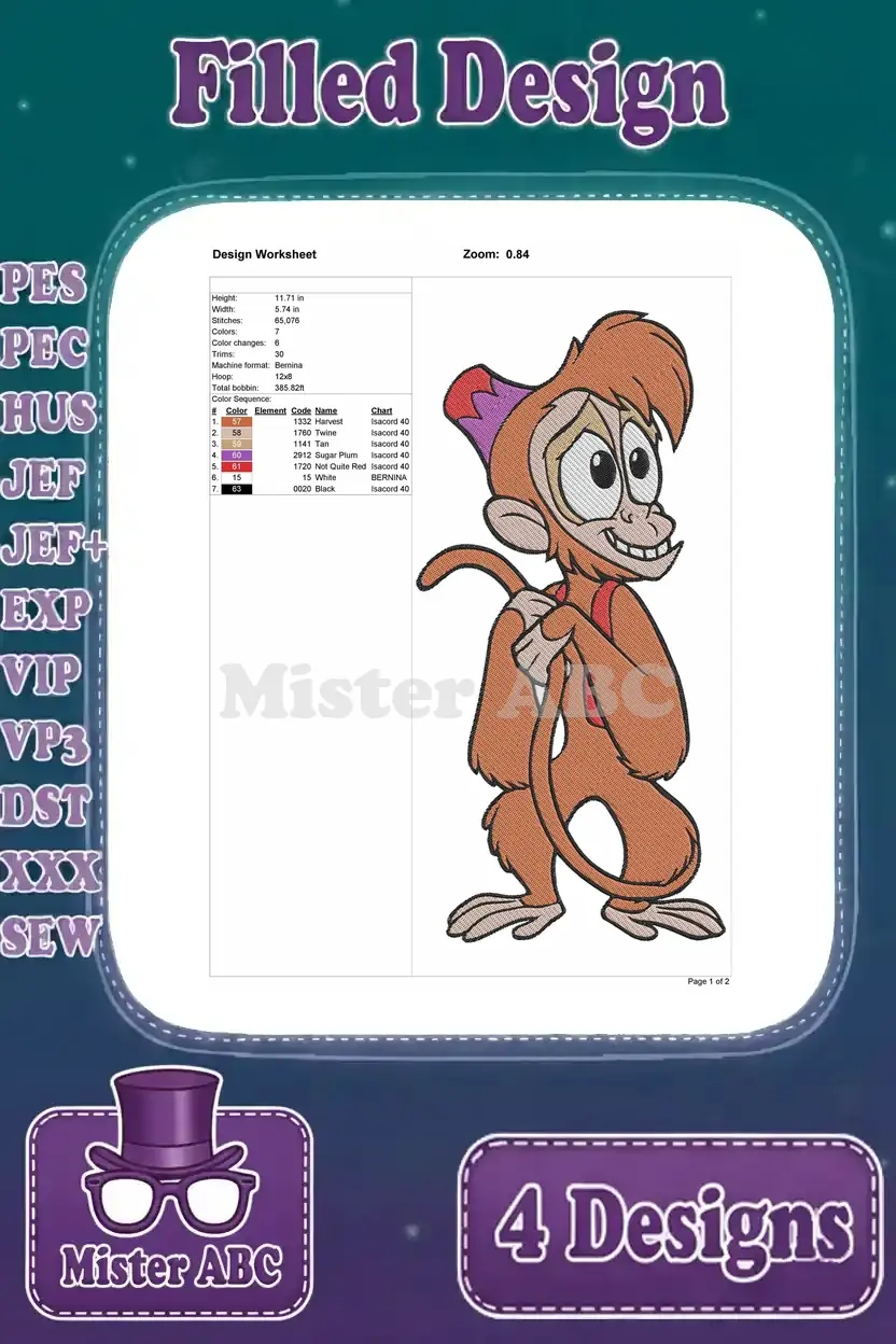 A design worksheet for the fourth Abu embroidery design, including technical data and thread specifics.