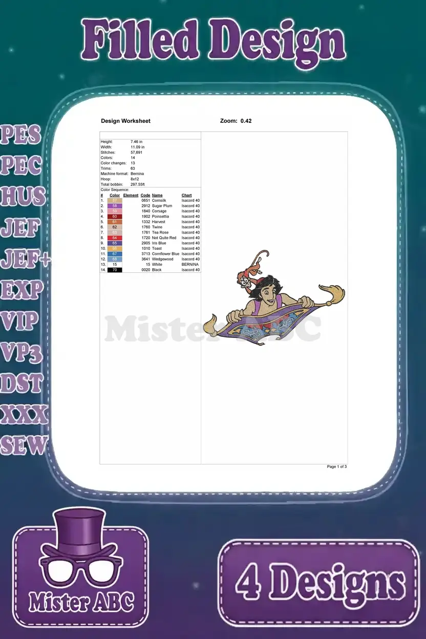 Detailed design worksheet for the Aladdin and Abu flying carpet embroidery design, showing thread colors and stitch count.