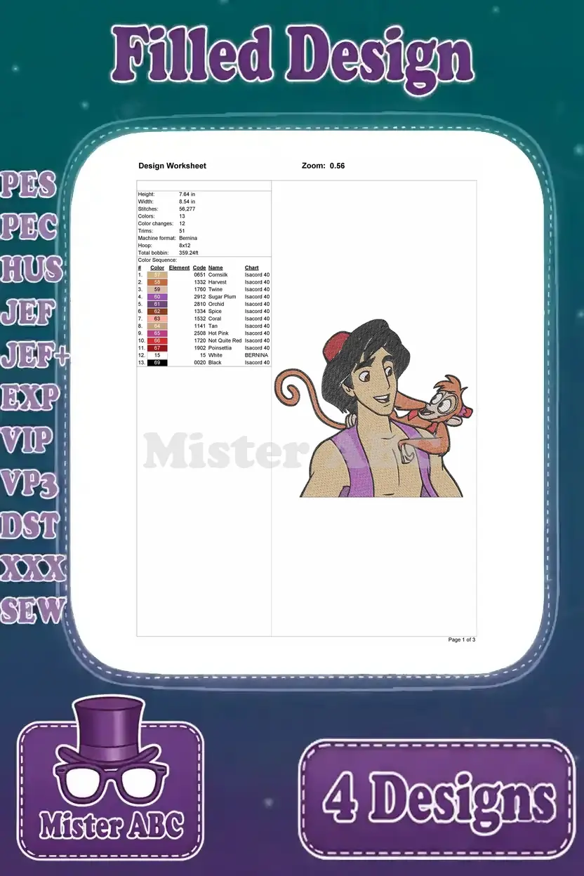 Design worksheet for the close-up Aladdin and Abu embroidery, detailing stitch parameters and thread color guide.