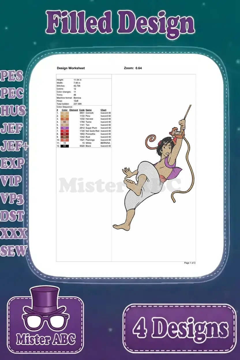 Design worksheet for the Aladdin swinging pose embroidery, displaying essential stitch information and color chart.