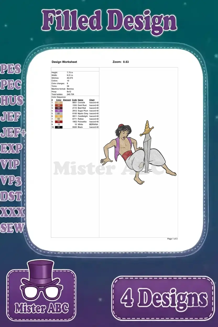 Design worksheet for the Aladdin with sword pose embroidery, showing essential stitch details and color sequence.