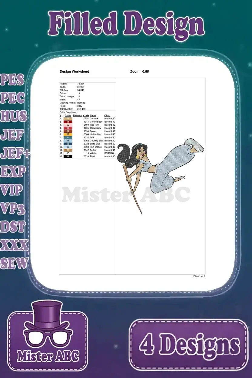 Detailed design worksheet for the first Princess Jasmine embroidery pose, showing dimensions and thread colors.