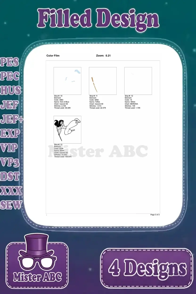 Continuation of the color film for the first Princess Jasmine embroidery design, showing final color layers.