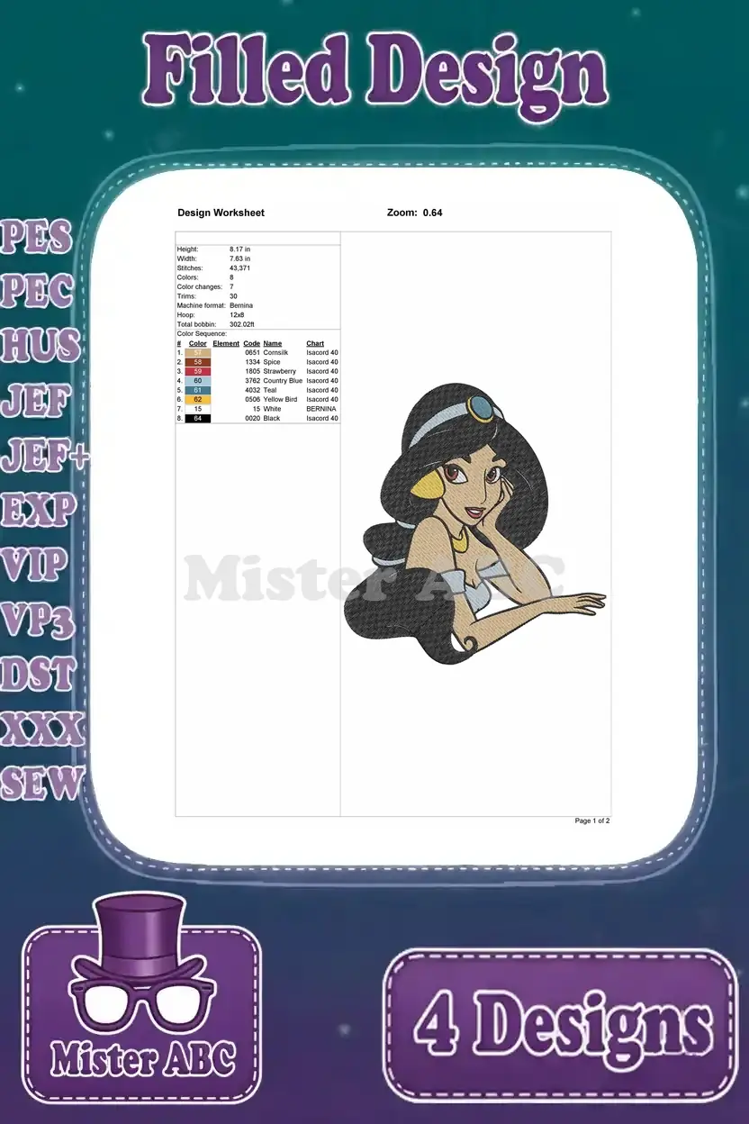 Detailed design worksheet for the second Princess Jasmine embroidery pose, with dimensions and thread colors.