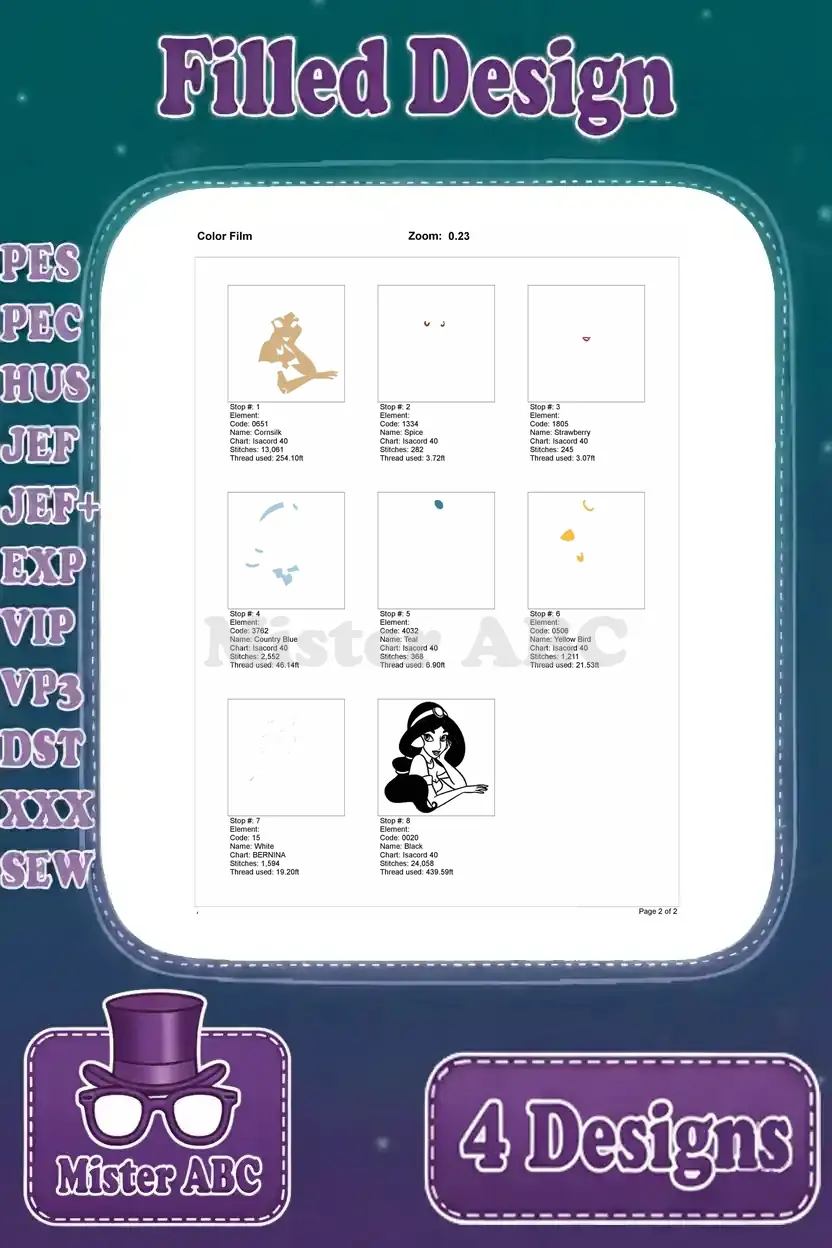Color film breakdown for the second Princess Jasmine embroidery design, illustrating stitch progression.