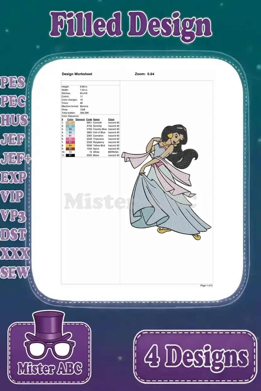 Detailed design worksheet for the third Princess Jasmine embroidery pose, showing dimensions and thread colors.