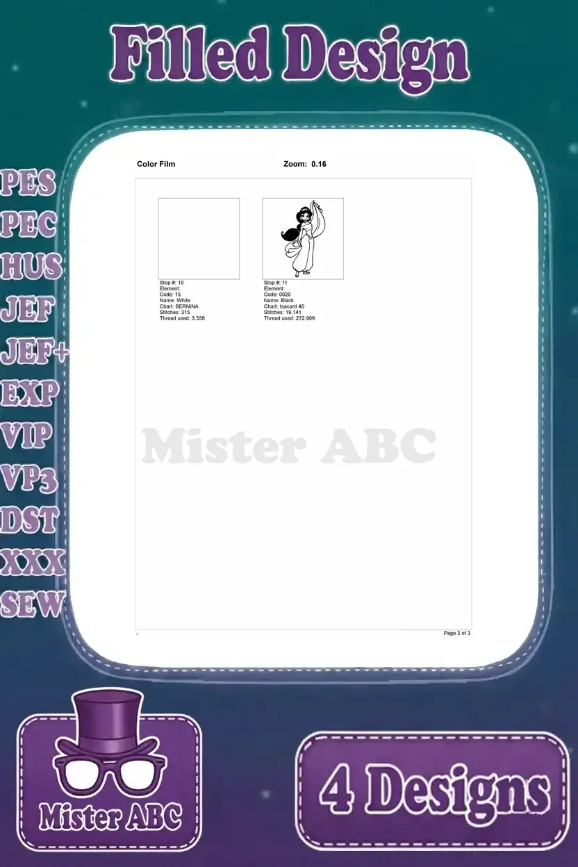 Continuation of the color film for the fourth Princess Jasmine embroidery design, showing final color layers.