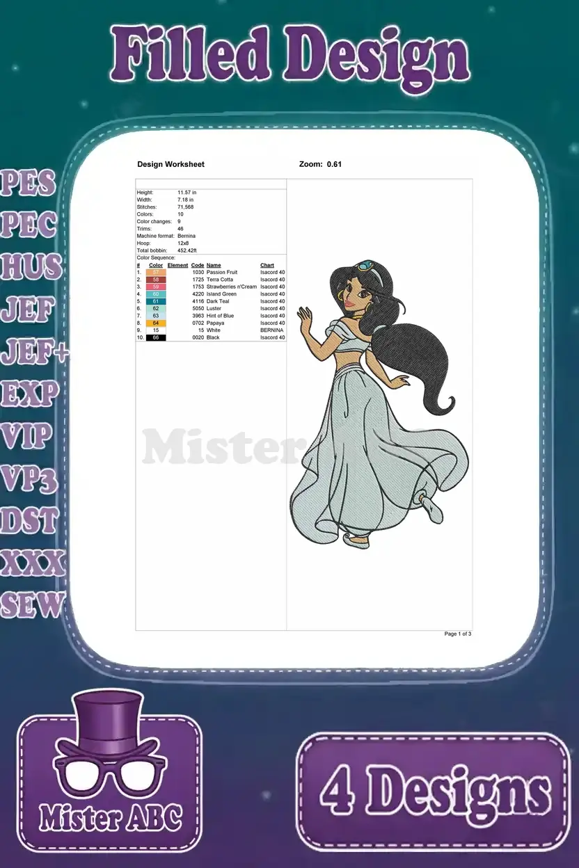 Detailed design worksheet for Princess Jasmine embroidery design, showing thread colors, stitch count, and dimensions.