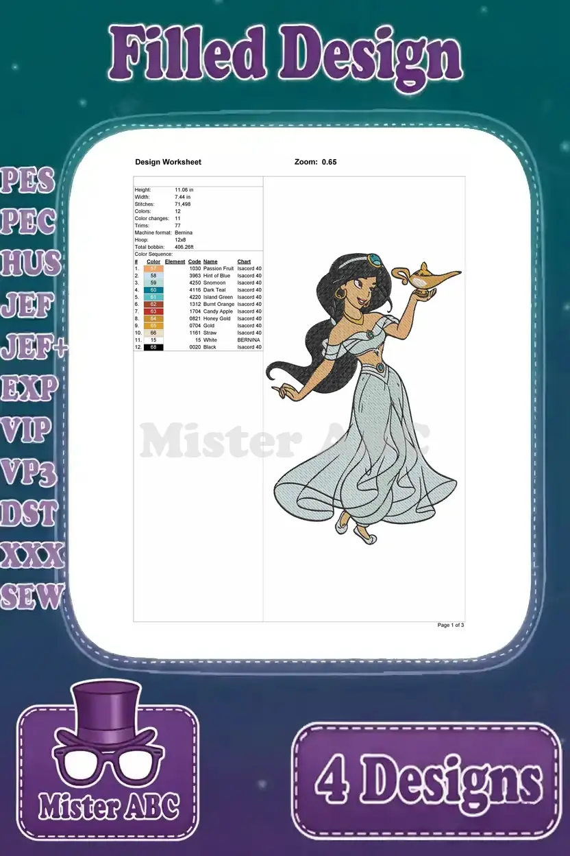 Design worksheet for Princess Jasmine holding the magic lamp, detailing stitch counts, dimensions, and colors.
