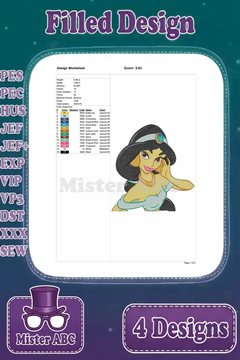Design worksheet for the close-up Princess Jasmine bust design, with detailed stitch count, colors, and size.