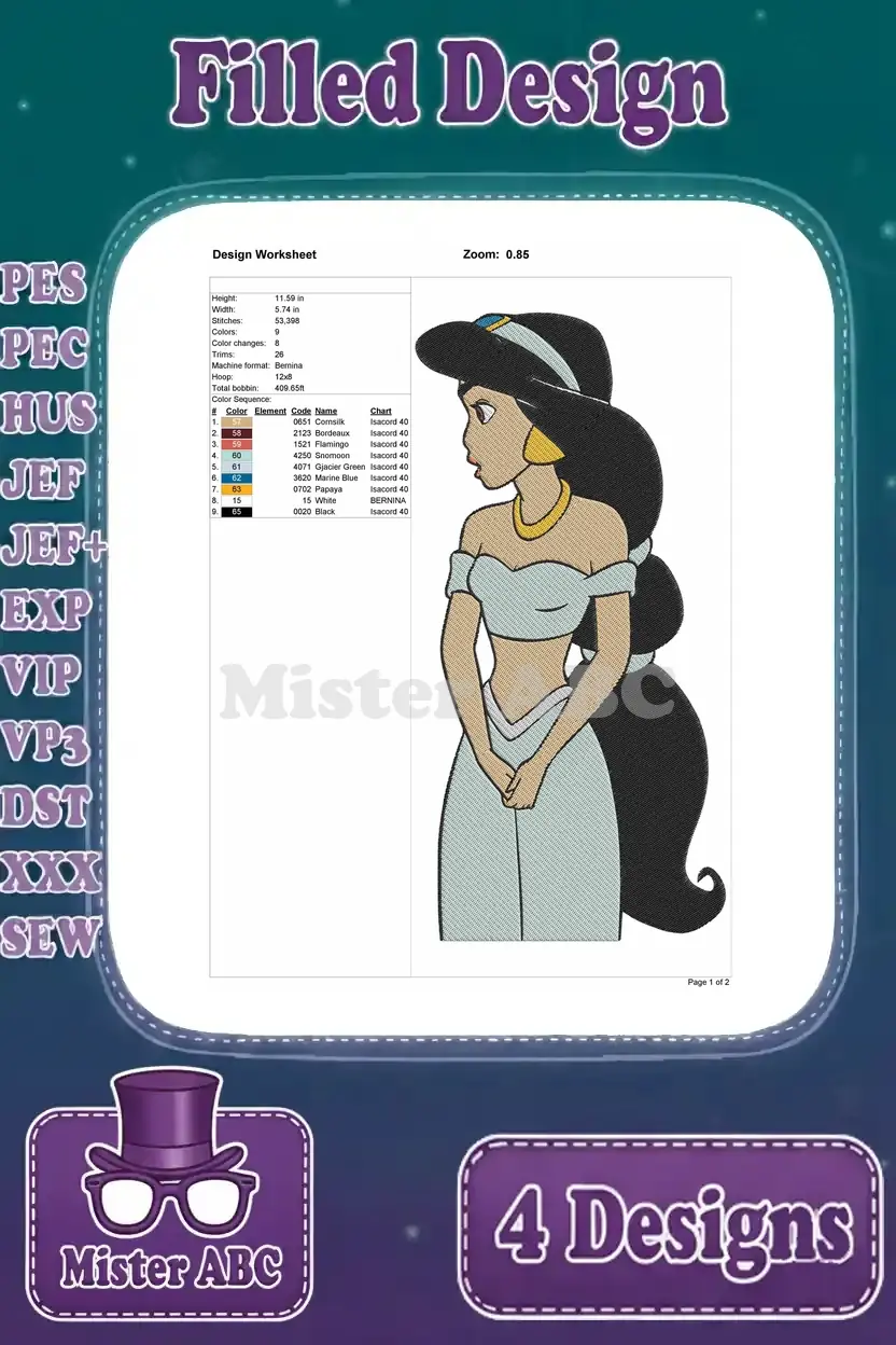 Detailed design worksheet for a Princess Jasmine embroidery, outlining dimensions, stitch count, and thread color sequence.
