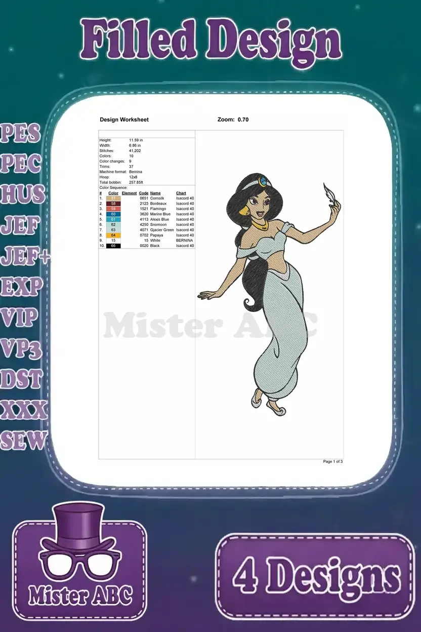 Comprehensive design worksheet for a Princess Jasmine design, detailing size, stitch count, and thread colors for embroidery.