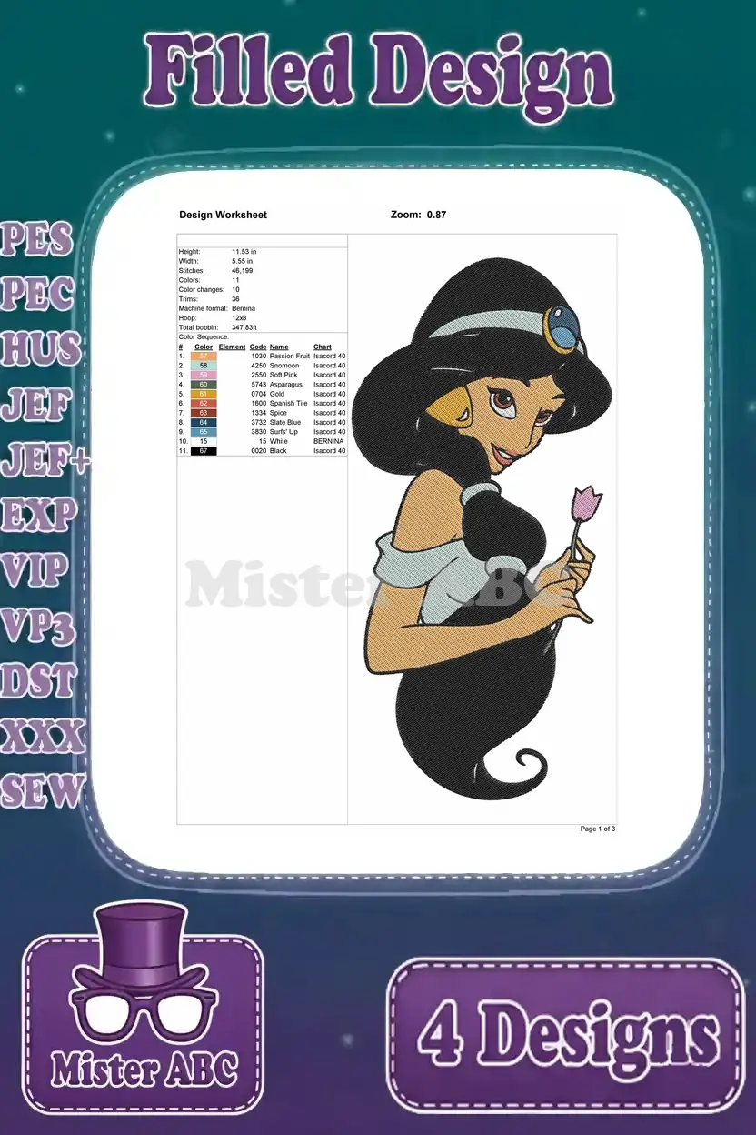 Technical design worksheet for a Princess Jasmine embroidery, detailing stitch count, dimensions, and color sequence.