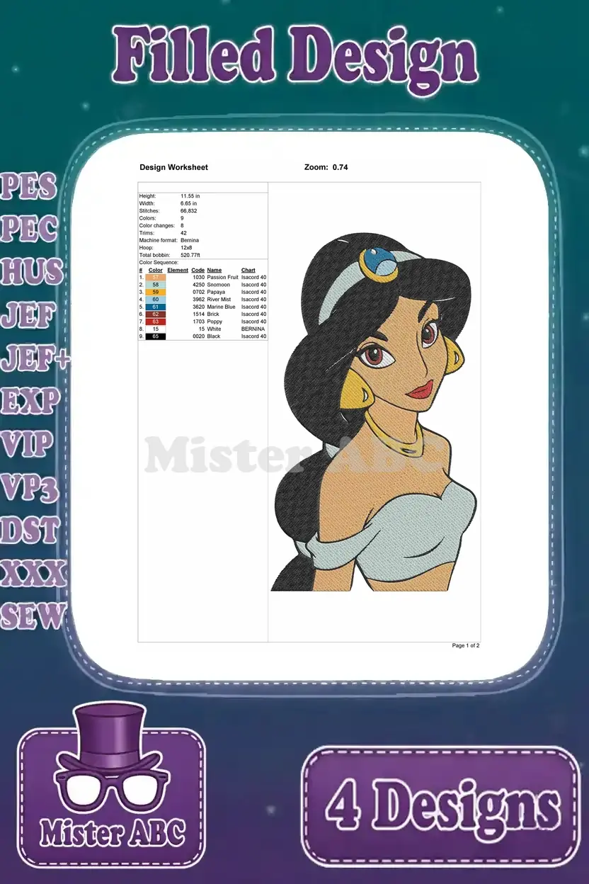 Detailed design worksheet for a close-up Princess Jasmine embroidery, specifying dimensions, stitch count, and colors.