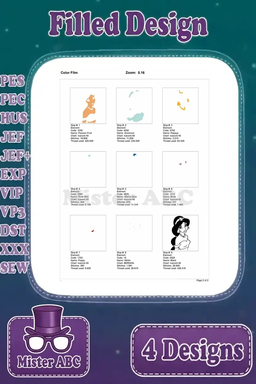 Comprehensive color film for the Princess Jasmine close-up design, illustrating the precise layering of threads.