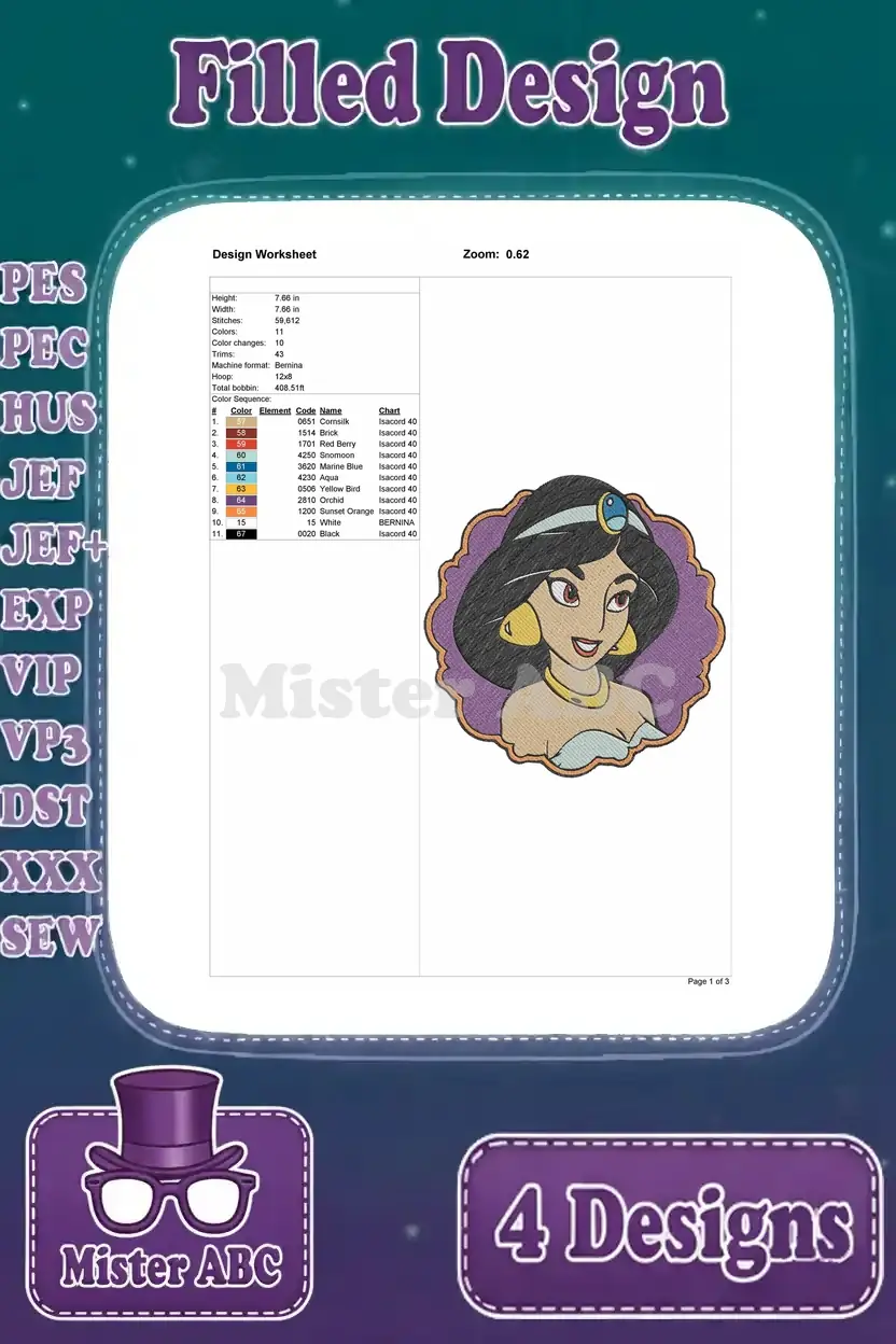 Detailed design worksheet for the close-up Princess Jasmine portrait embroidery, including stitch count and thread colors.