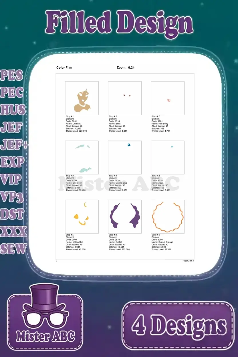 Second page of the color film for the close-up Princess Jasmine portrait embroidery, showing thread application stages.