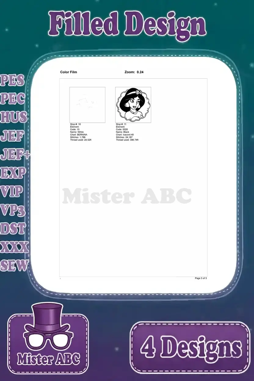 Final page of the color film for the close-up Princess Jasmine portrait embroidery, completing the design's colors.