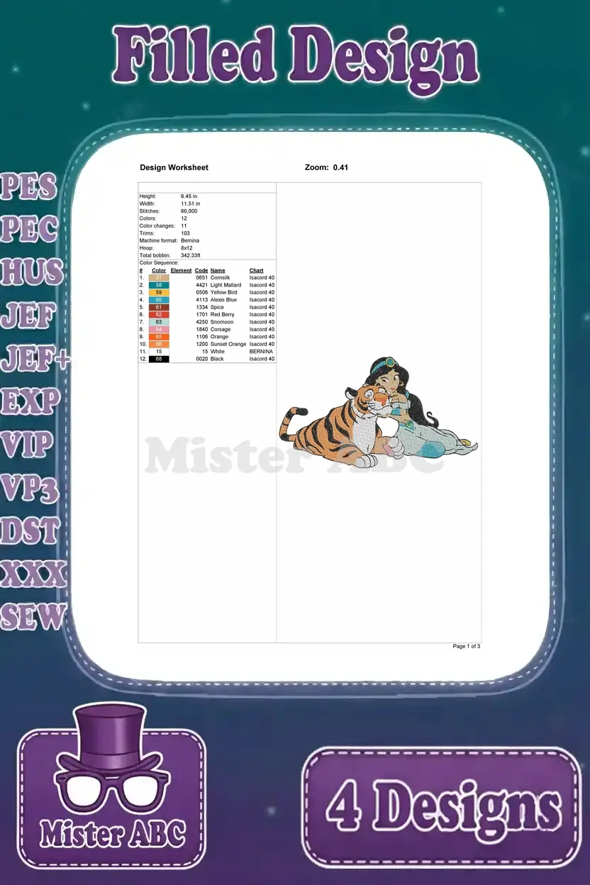 Detailed design worksheet for the Princess Jasmine and Rajah cuddling embroidery, showing stitch count, colors, and dimensions.
