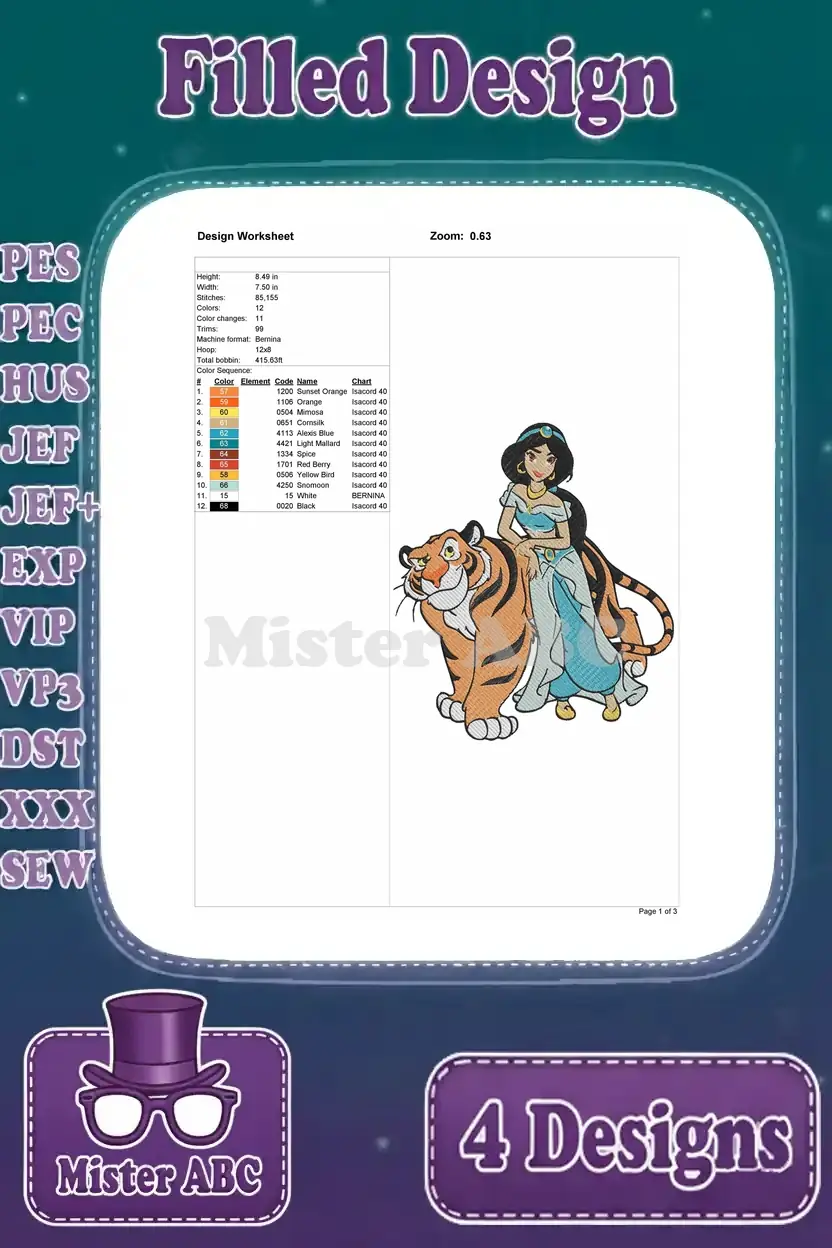 Detailed design worksheet for the Princess Jasmine standing with Rajah embroidery, including stitch count, colors, and dimensions.