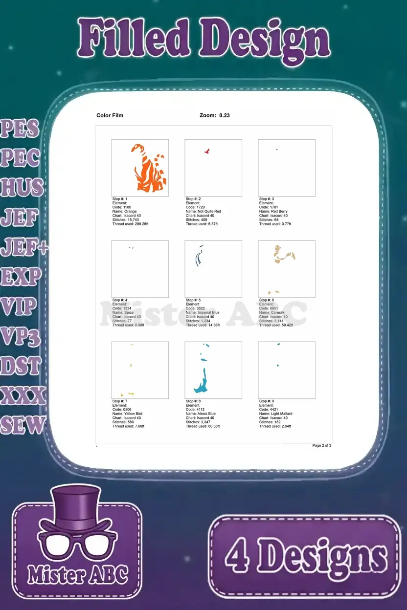 Color film breakdown (page 2 of 3) for the Jasmine hugging Rajah design, detailing each individual color stop.