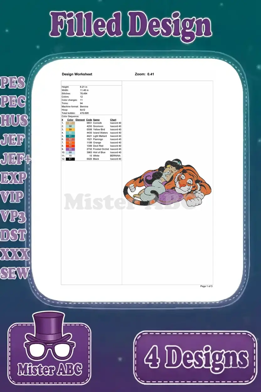Detailed design worksheet for the Princess Jasmine sleeping on Rajah embroidery, with stitch count, colors, and dimensions.