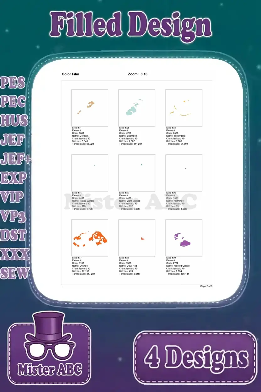 Color film breakdown (page 2 of 3) for the Jasmine sleeping on Rajah design, detailing each individual color stop.