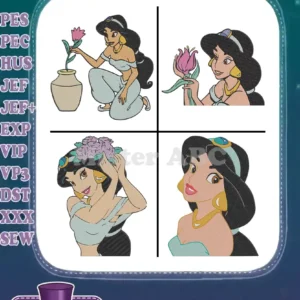 A vibrant bundle of four Princess Jasmine filled embroidery designs, showcasing various poses and intricate details for crafters.