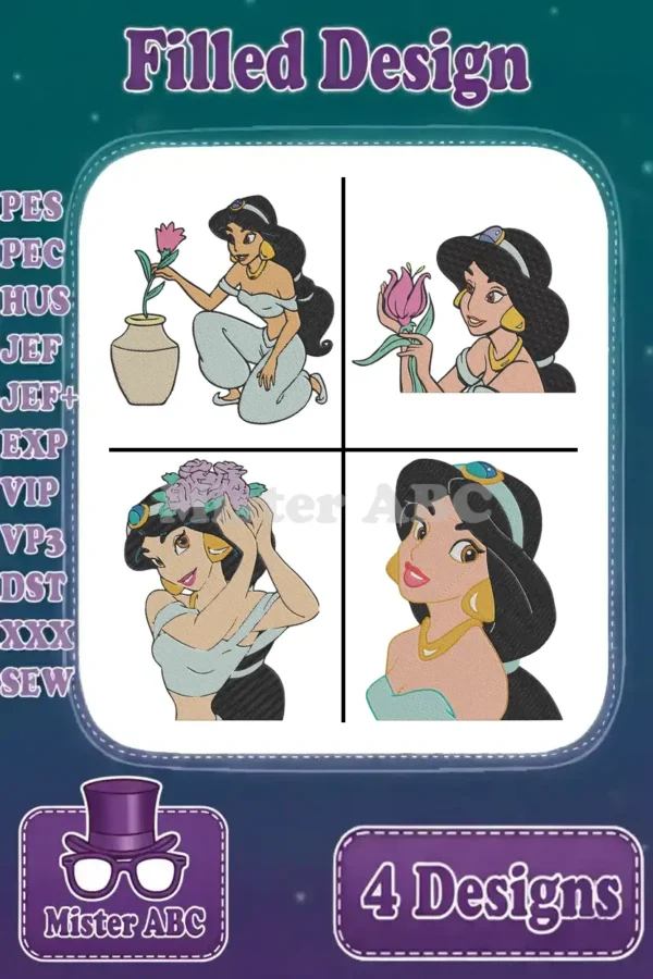 A vibrant bundle of four Princess Jasmine filled embroidery designs, showcasing various poses and intricate details for crafters.
