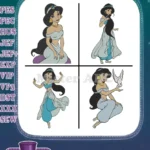 Aladdin Princess Jasmine In Her Iconic Blue Attire Elegant Stances With Dove - Filled Embroidery Design - Instant Download