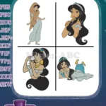 Aladdin Princess Jasmine Signature Blue Ensemble Dynamic And Graceful Character Poses - Filled Embroidery Design - Instant Download