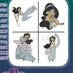 Aladdin Princess Jasmine Ethereal Poses Portrait And With Fan In Blue Outfit Collection - Filled Embroidery Design - Instant Download